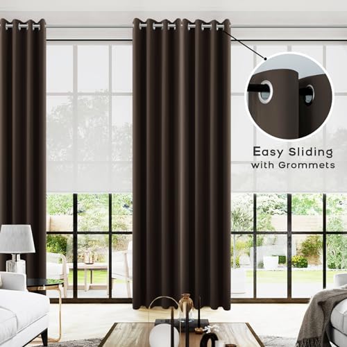 Solid Dark Brown Curtains For Living Room Bay Window,Smooth Satin Touch Polyester Long Size Traditional Rustic Grommet Large Curtains Draperies For Sliding Glass Door 2 Panels,52 Wide 108 Inch Length