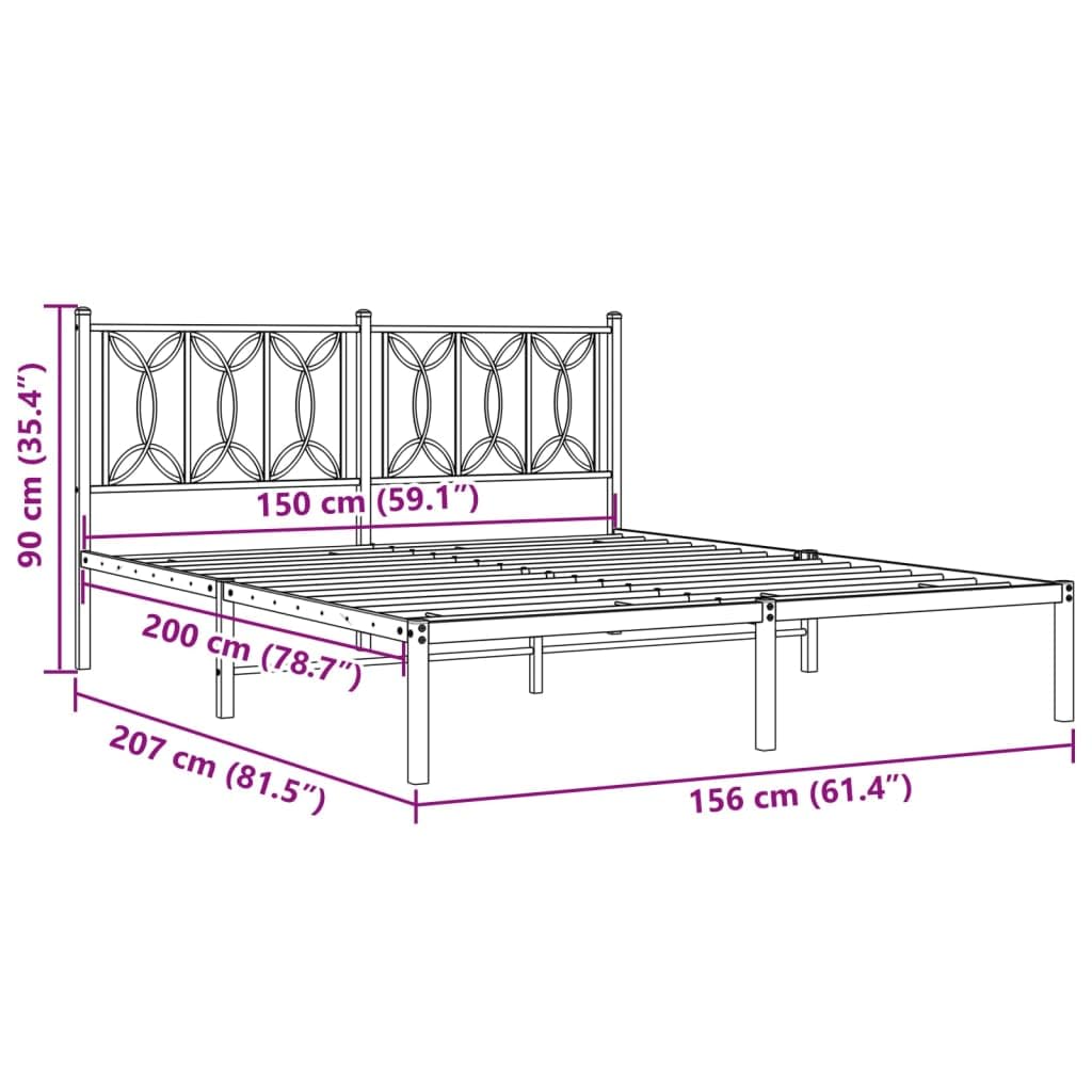 vidaXL Metal Bed Frame with Headboard Black Steel 59.1x78.7 - Double Bed with Storage Space