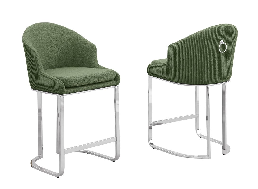 Modern Teddy Fabric Bar Stool With Silver Chrome Iron Base - Green - Stylish Upholstered Stool With Ribbed Backrest And Ring Handle - Perfect For Living Room, Dining Room, Or Office