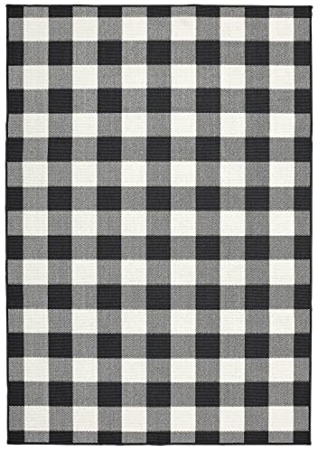 HomeRoots Polypropylene 8’x11’ Black and Ivory Gingham Indoor Outdoor Area Rug