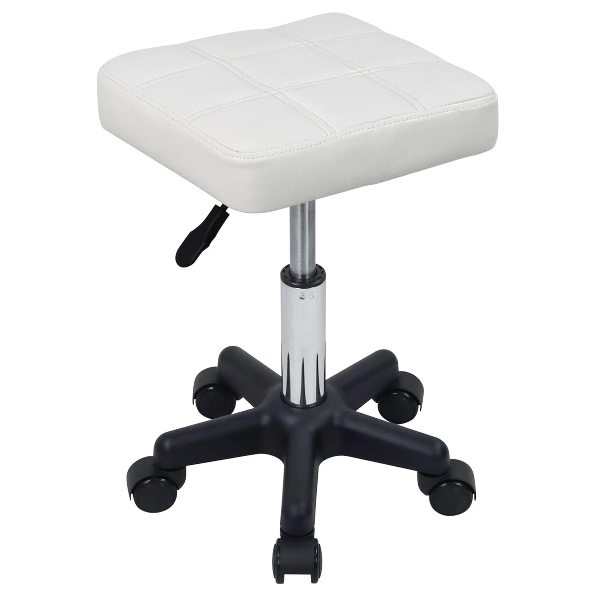 FURWOO Square Swivel Stool with Wheels PU Leahter Rolling Stool Height Adjustable Stool for Spa Salon Massage White