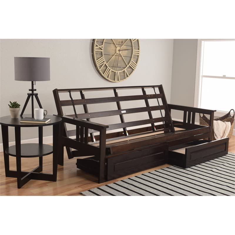 Kodiak Furniture Monterey Espresso Storage Wood Futon with Twill Gray Mattress