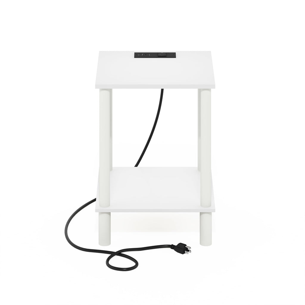 Furinno Turn-N-Tube 2-Tier Side Table, End Table with USB and Type-C Charging Port, White/White