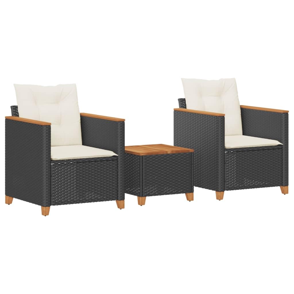 vidaXL 3-piece Bistro set with cushions poly rattan and acacia wood black