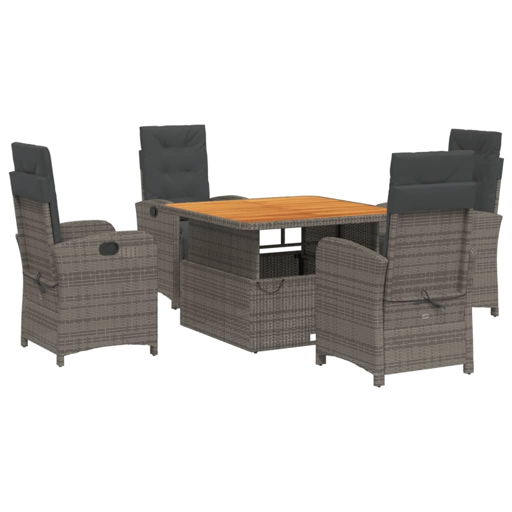 vidaXL - 5 Piece Patio Dining Set - Gray Poly Rattan, Adjustable Backrest Chairs, Lift-Up Garden Table, Cushions Included