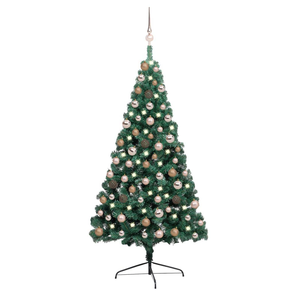 Vidaxl Artificial Half Christmas Tree With Leds&Ball Set, 59.1&quot; Green/Rose, Pvc Material, Semi Circular Design, Energy Efficient Led, Reusable For Years, Includes Tree Stand, Multiple Decorations
