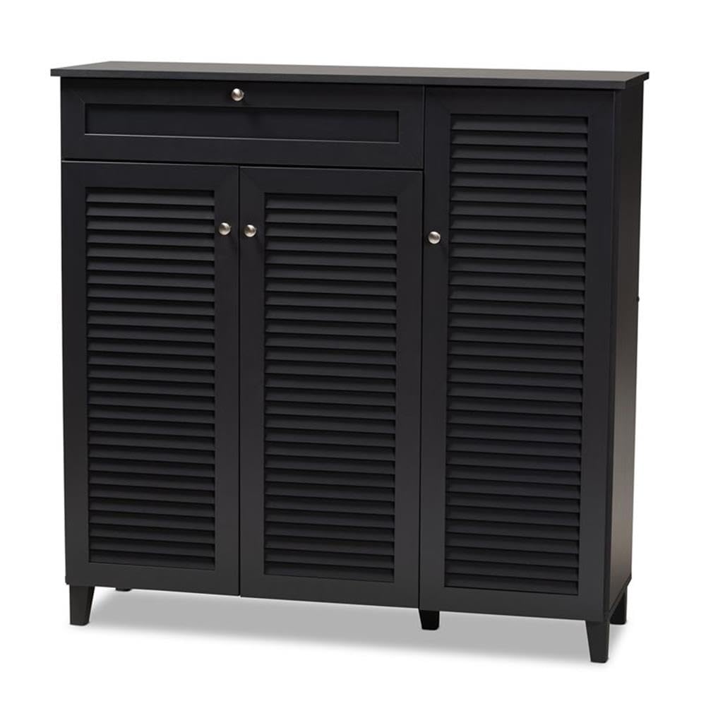 Baxton Studio Coolidge Modern and Contemporary Dark Grey Finished 11-Shelf Wood Shoe Storage Cabinet with Drawer