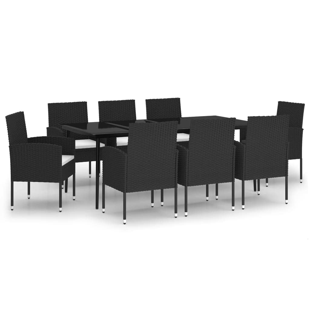 vidaXL Black Outdoor Patio Dining Set - Rectangular Glass Table & 8 PE Rattan Chairs with Cushions for Garden, Deck, Patio Seating