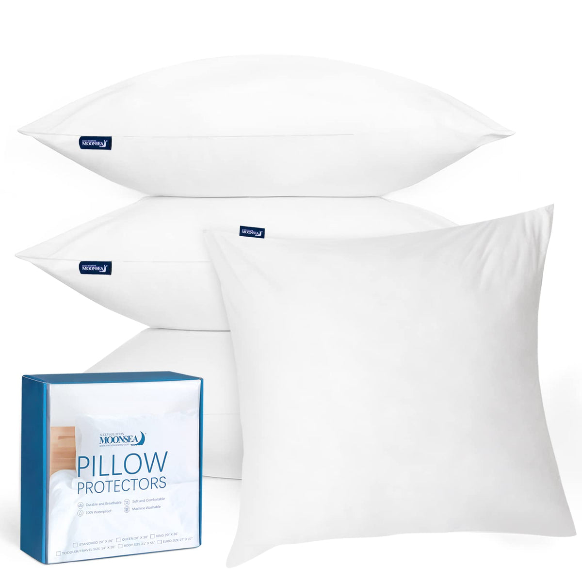 22X22 Pillow Cover Waterproof Pillow Protector Set Of 4 For Square Throw Pillow 22X22 Inch, White Zippered Pillow Protector, Fea