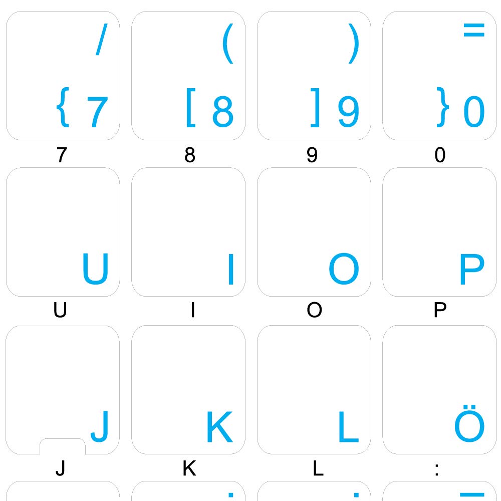 German Keyboard Labels Layout On Transparent Background With Blue, Red, White Or Yellow Lettering (Blue)