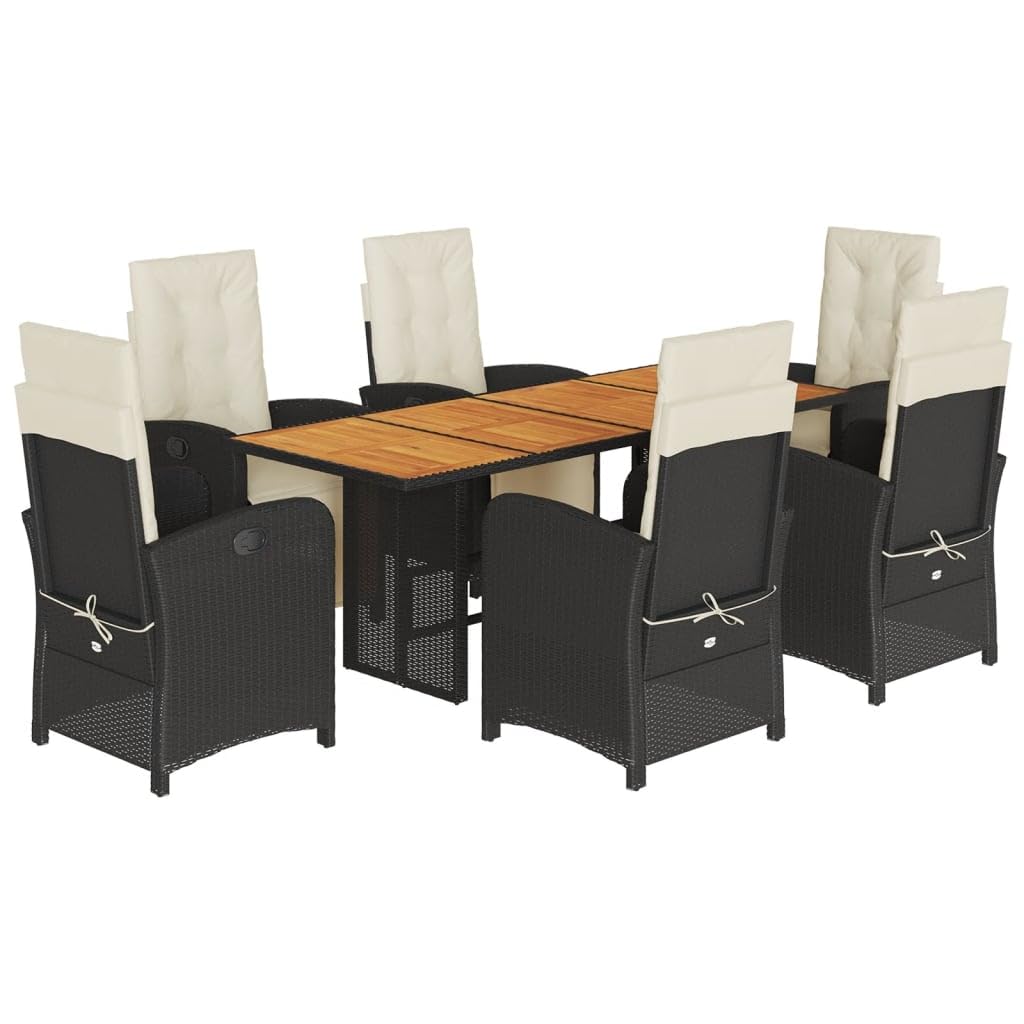 vidaXL - 7 Piece Patio Dining Set with Cushions, Black PE Rattan, Reclining Chairs with Adjustable Backrest/Footrest, Acacia Wood Tabletop for Garden, Balconies, Decks