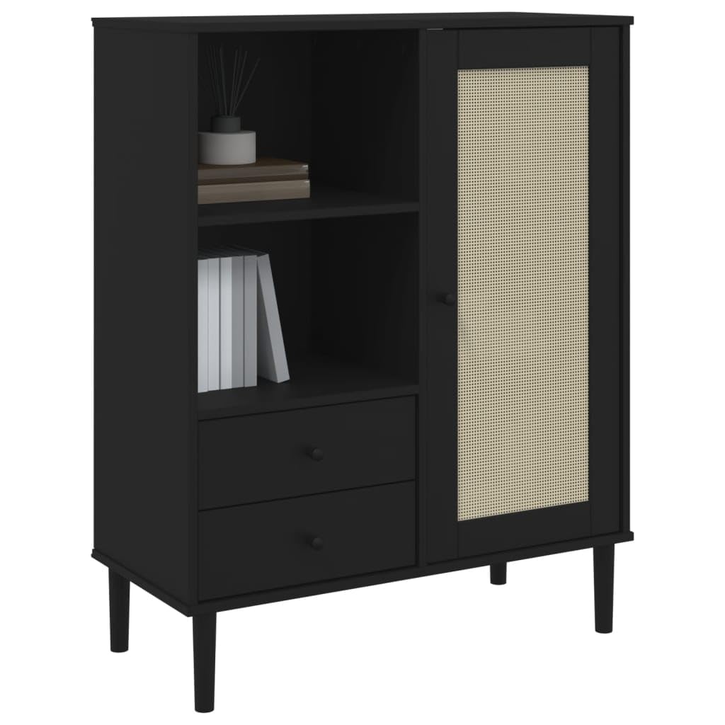 vidaXL Highboard Storage Cabinet - Wood with Black Finish, Rattan Surface, Ample Drawers and Compartments, Chic Modern Style