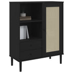 vidaXL Highboard Storage Cabinet - Wood with Black Finish, Rattan Surface, Ample Drawers and Compartments, Chic Modern Style