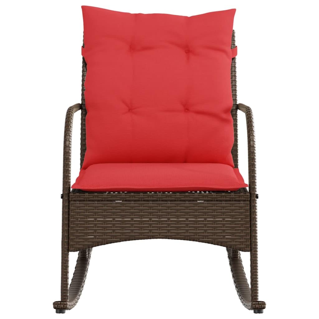 vidaXL Garden Rocking Chair - Brown Poly Rattan - Red Cushions - Outdoor Patio Seat - PE Rattan Lounger - 54x50 cm Seat - Powder-Coated Steel Frame - 60x87x80 cm
