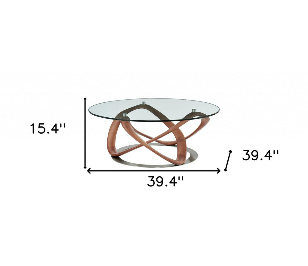 HomeRoots Clear, Walnut 39' Walnut and Clear Glass Abstract Round Coffee Table