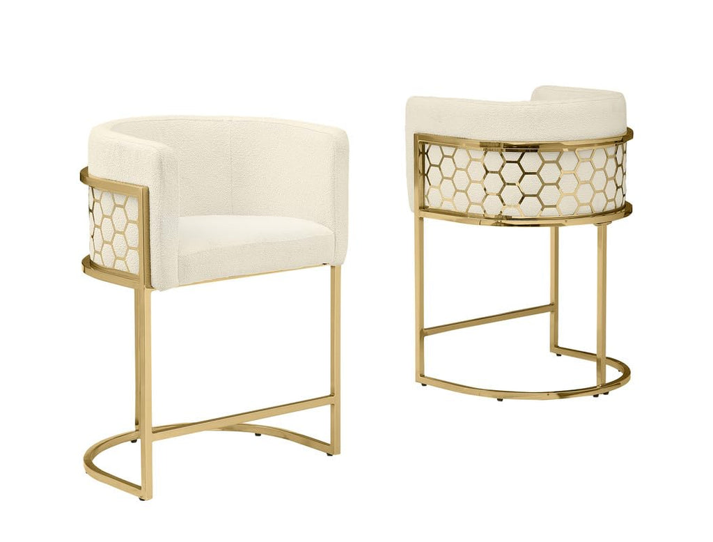 Best Quality Furniture Modern Barrel Counter Height Stools with Honeycomb Pattern, Teddy Fabric Upholstery - Cream, Gold Chrome Finish