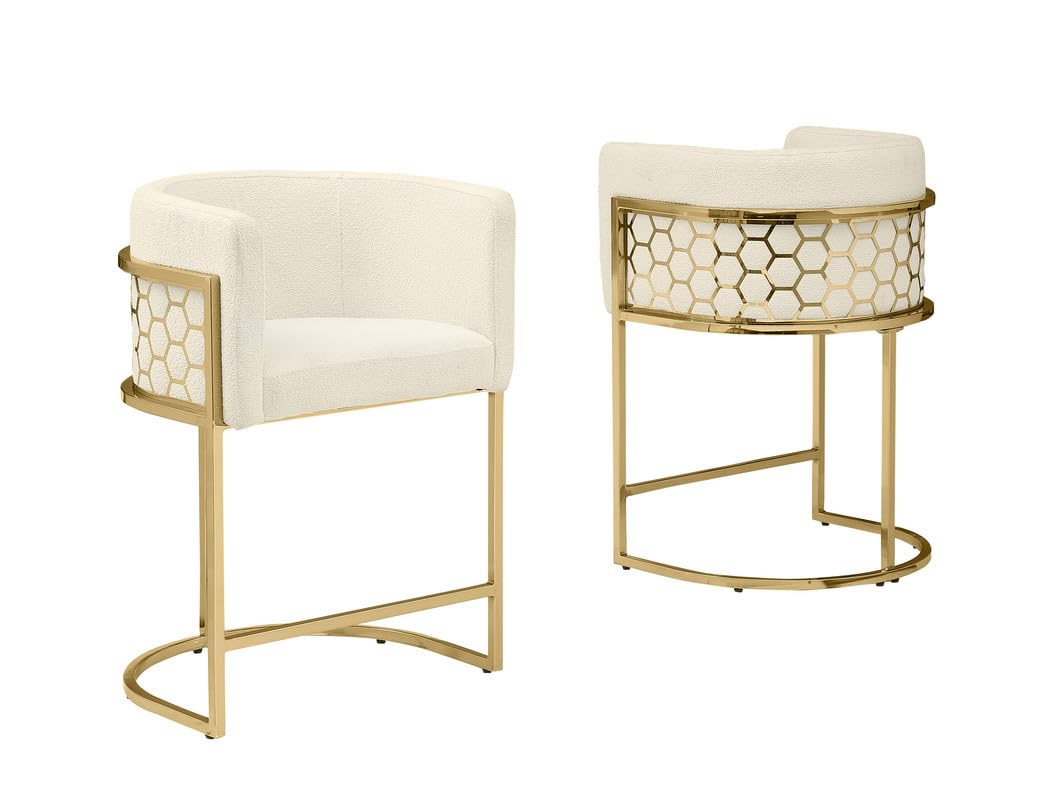Best Quality Furniture Modern Barrel Counter Height Stools with Honeycomb Pattern, Teddy Fabric Upholstery - Cream, Gold Chrome Finish