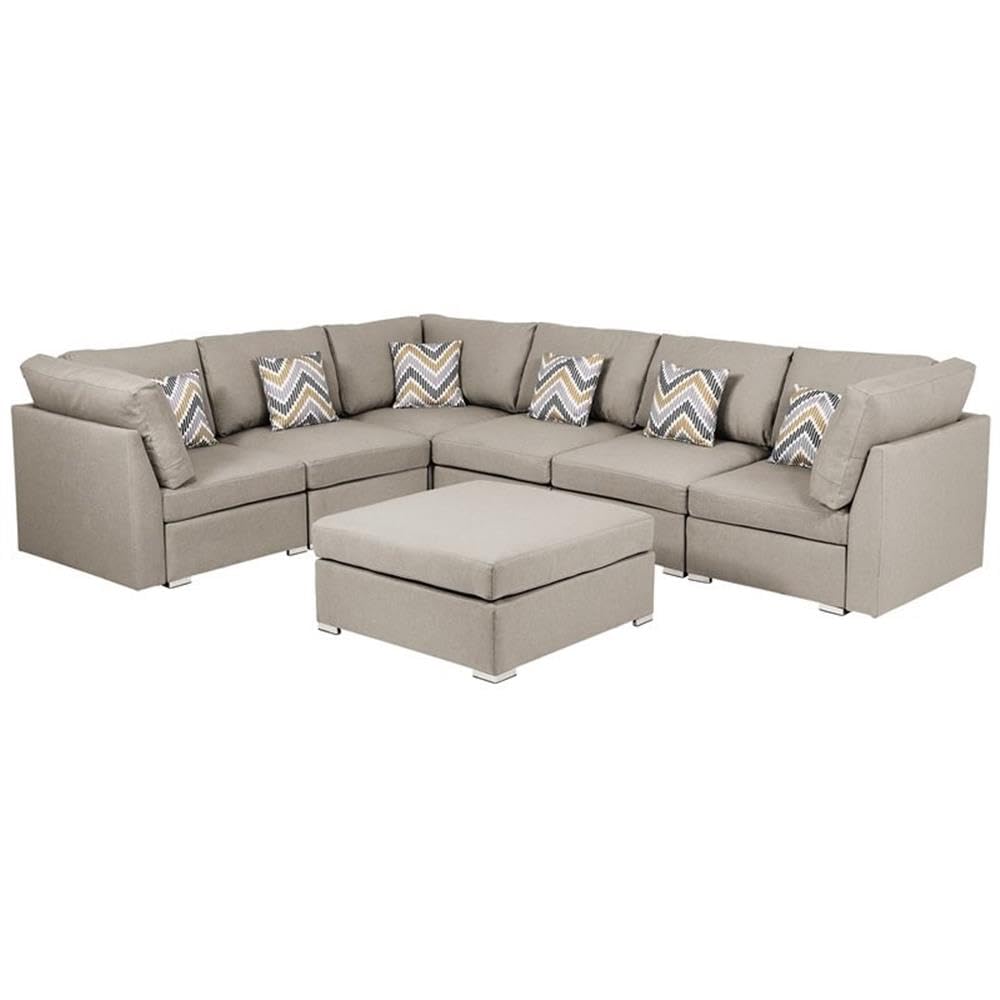 Lilola Home Amira Beige Fabric Reversible Modular Sectional Sofa with Ottoman and Pillows