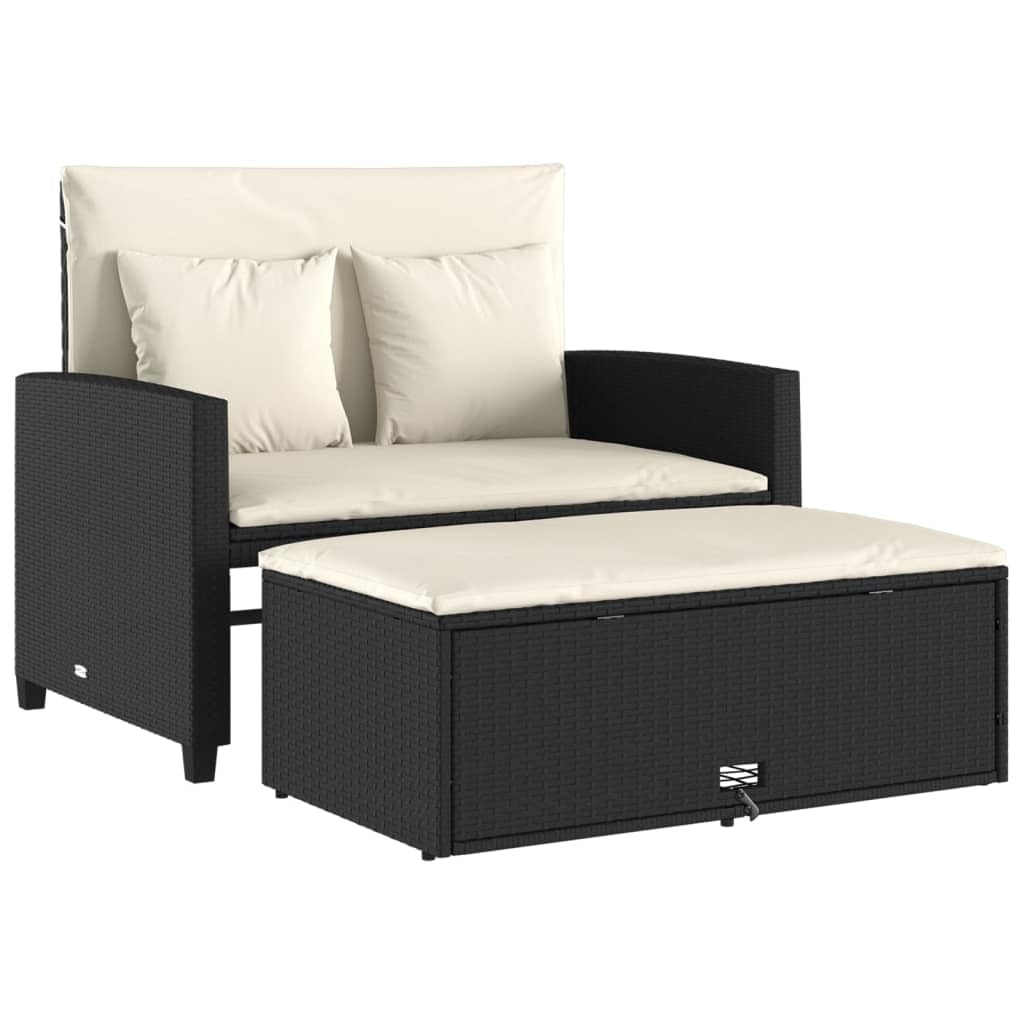 vidaXL 2 Seater Garden Sofa with Cushions, Outdoor Seat, Loveseat, Patio Terrace Balcony Furniture, Black Synthetic Rattan