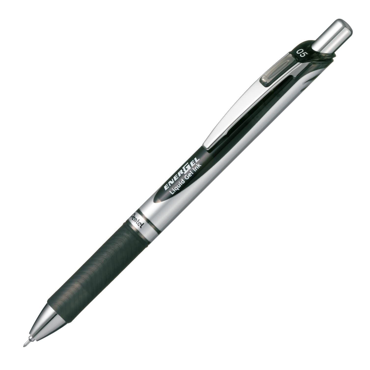 Pentel Energel Knock Ballpoint Pen, 0.5Mm Needle Tip, Black Ink, Silver Body With Black Accent (Bln75Z-A)