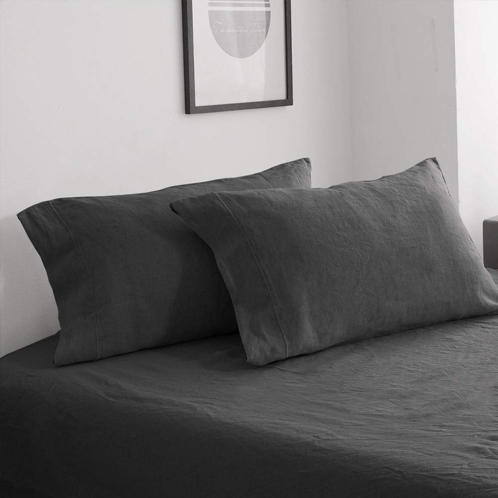 King Linens 100% French Linen Pillowcases With Embroidery - Pack Of 2 - Washed Solid Color Natural Flax Soft Breathable - Dark G