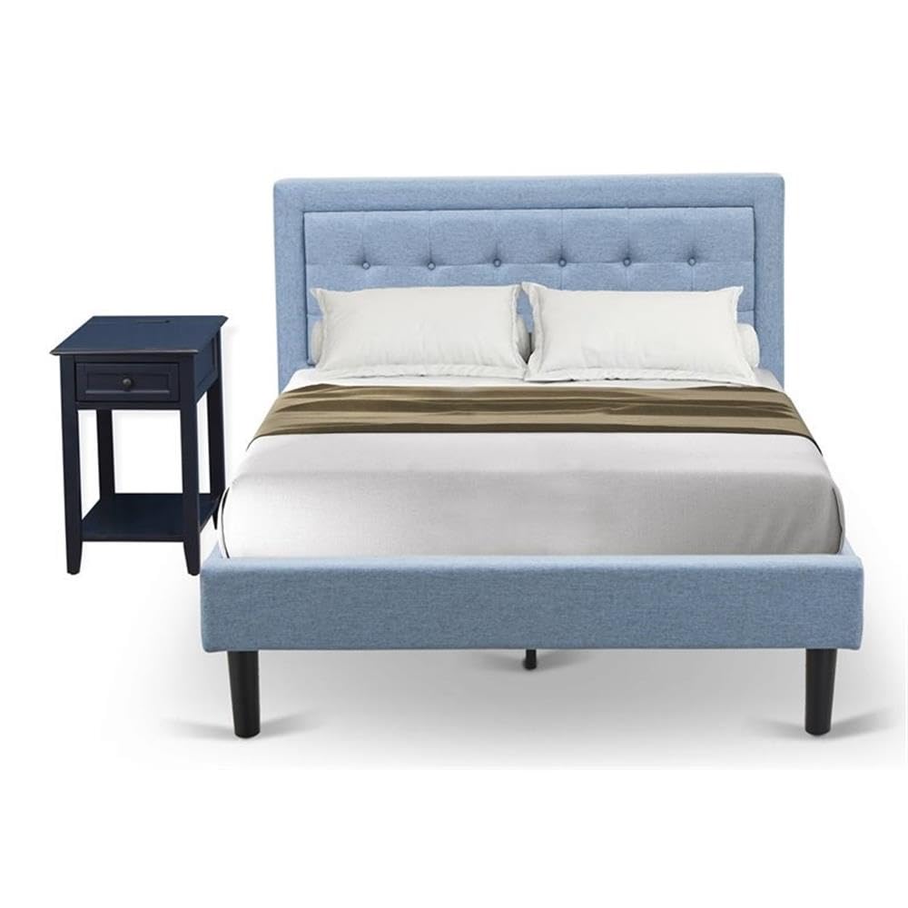 East West Furniture FN11F-1DE15 2-Pc Fannin Full Size Bed Set with 1 Full Bed and an End Table for Bedroom - Reliable and Sturdy Manufacturing - Denim Blue Linen Fabric