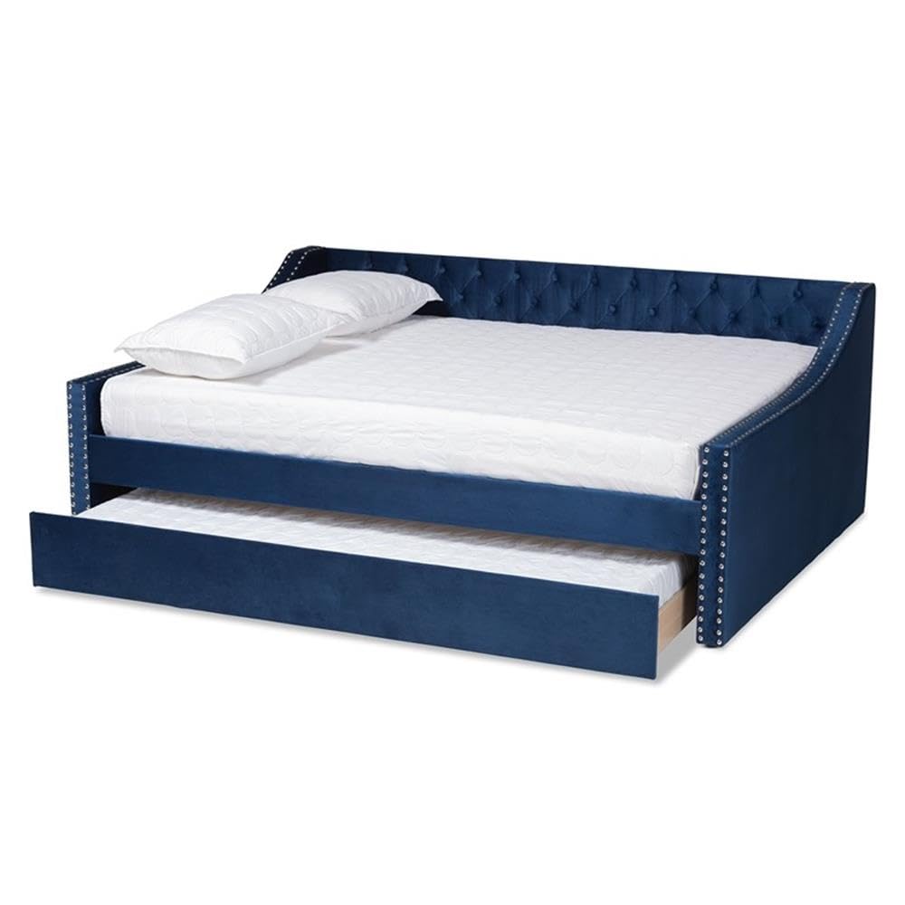 Baxton Studio Raphael Modern and Contemporary Navy Blue Velvet Fabric Upholstered Queen Size Daybed with Trundle