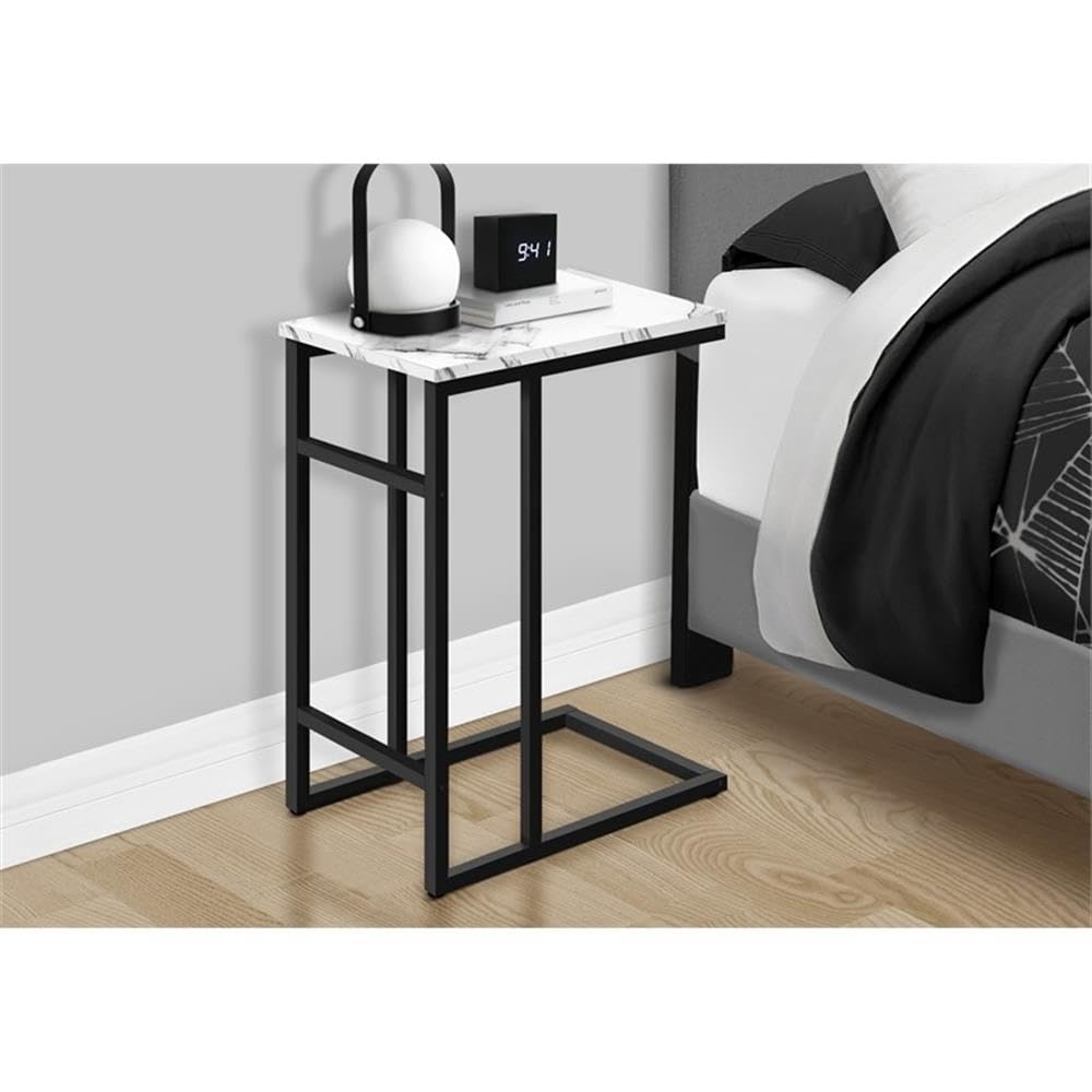 Monarch Specialties 2173 Accent Table, C-Shaped, End, Side, Snack, Living Room, Bedroom, Metal, Laminate, White Marble Look, Black, Contemporary, Modern Table-24, 18&Quot; L X 11.75&Quot; W X 24&Quot; H