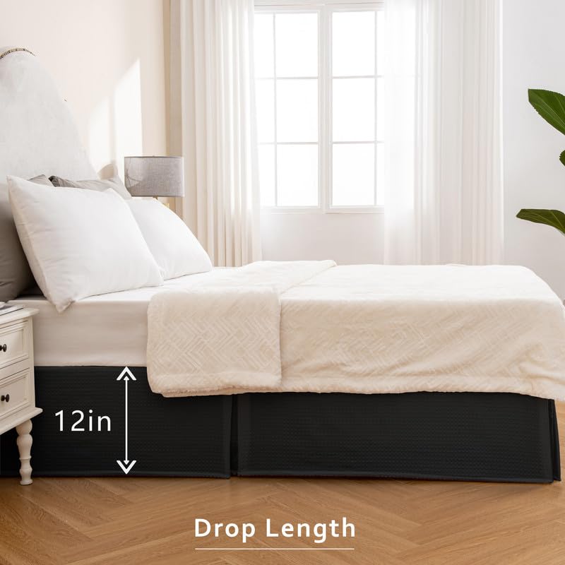 Miye Pleated Waffle Weave Bed Skirt, Tailored Dust Ruffle 12 Inch Drop Easy Fit, Machine Washable (Black, Queen - 12'' Drop)