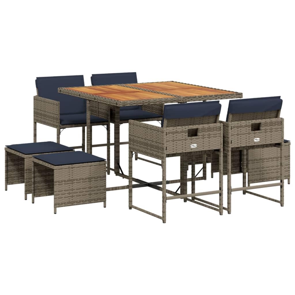 vidaXL 9 Piece Patio Dining Set - Gray Poly Rattan, Acacia Wood Table, Navy Cushions, Space-Saving Design - Outdoor Furniture for Garden, Backyard, Patio - Seats 8