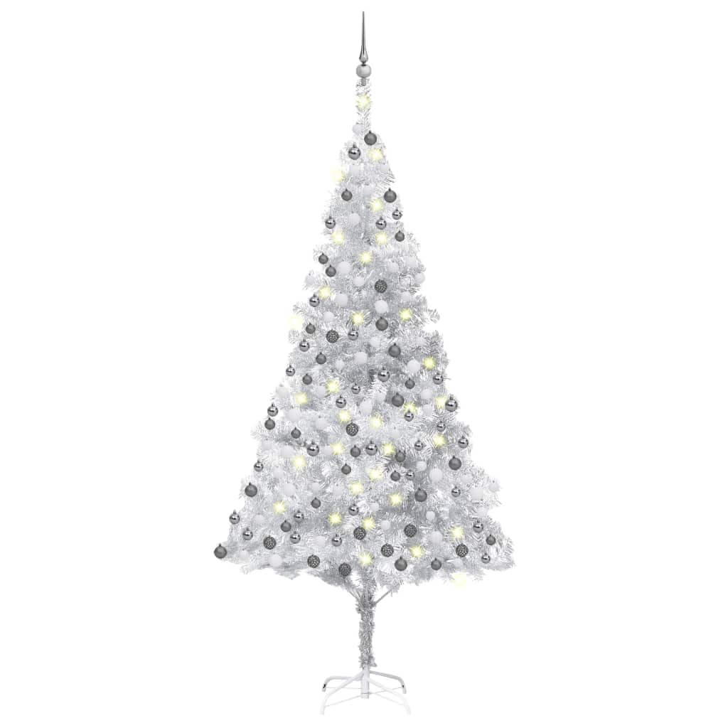 Vidaxl Artificial Christmas Tree With Leds&Ball Set Home Garden Outdoor Holiday Xmas Seasonal Tree Christmas Decoration Ornament Silver 94.5&quot; Pet