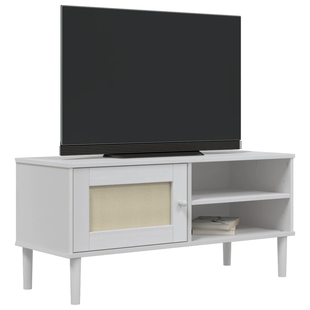 vidaXL SENJA TV Stand with Rattan Look - White, Solid Pine Wood, UV Varnish Finish, Multiple Compartments