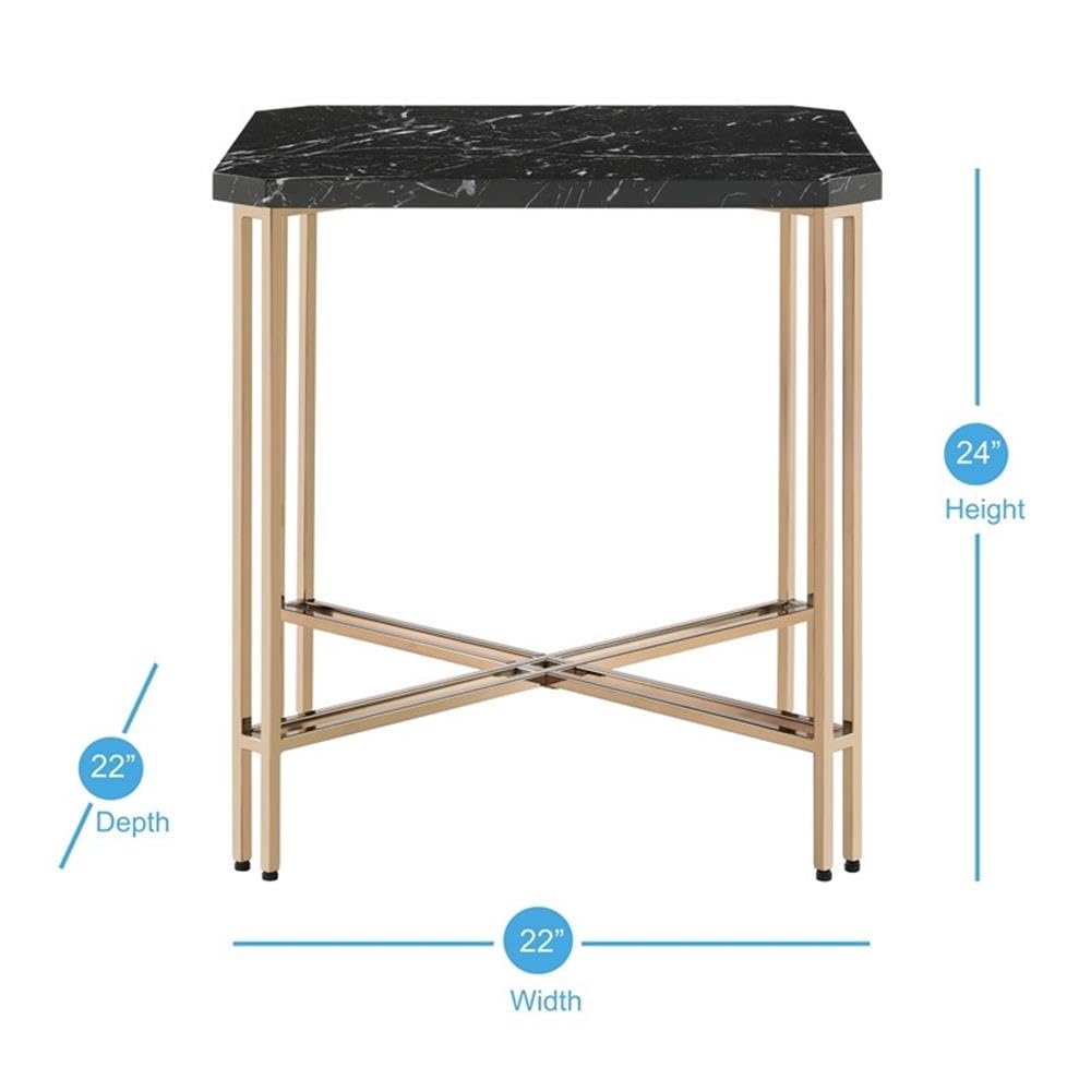 Steve Silver Co Daxton Black Faux Marble End Table, And Gold Metal Iron Legs, Cross Legs, Dorm, Apartment,Office, Bedroom Corner, 22' D X 22' W X 24' H, Black, Gold
