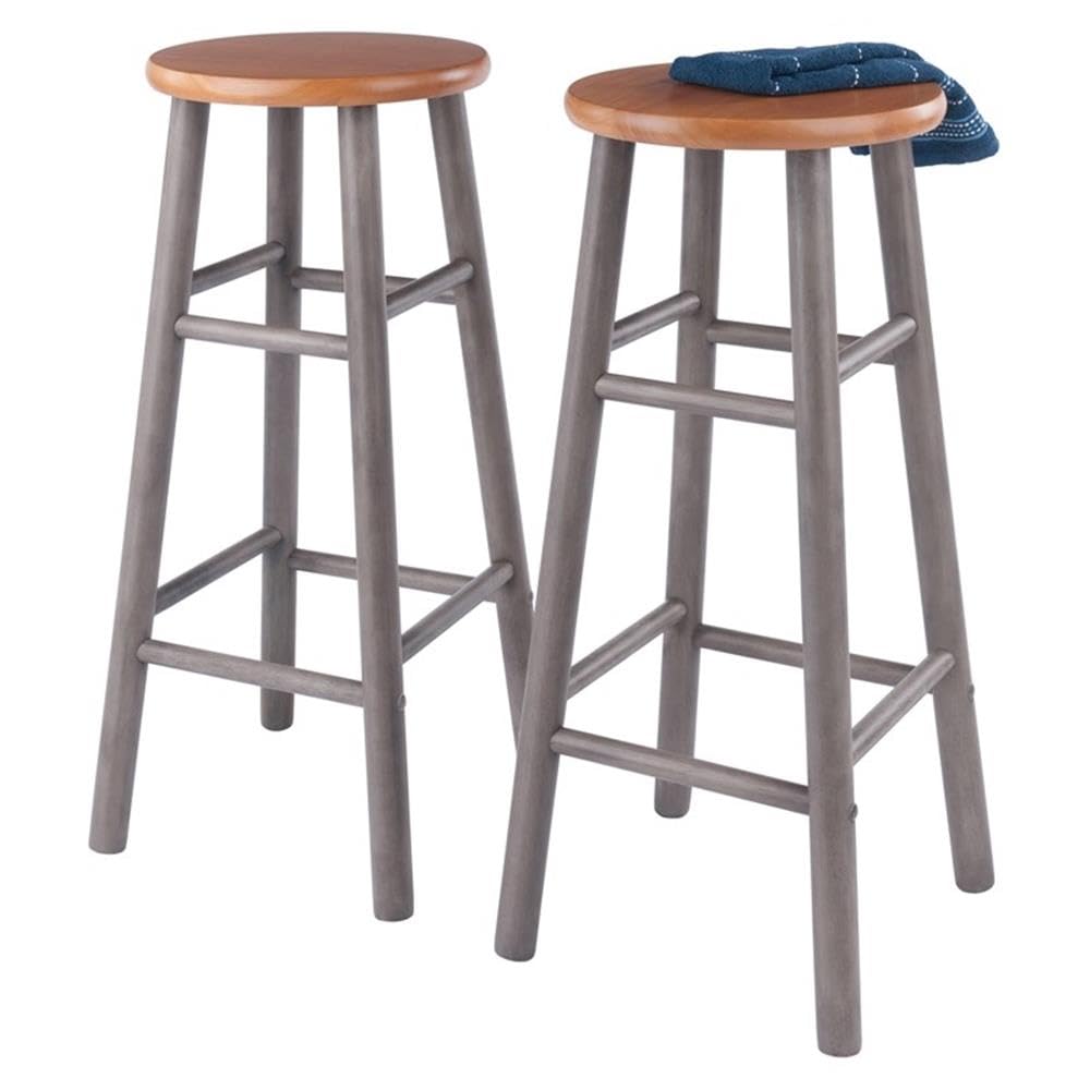 Winsome Huxton 2-Piece Bar Stools, 29 in, Teak Seat with Oyster Gray Base, Solid Wood