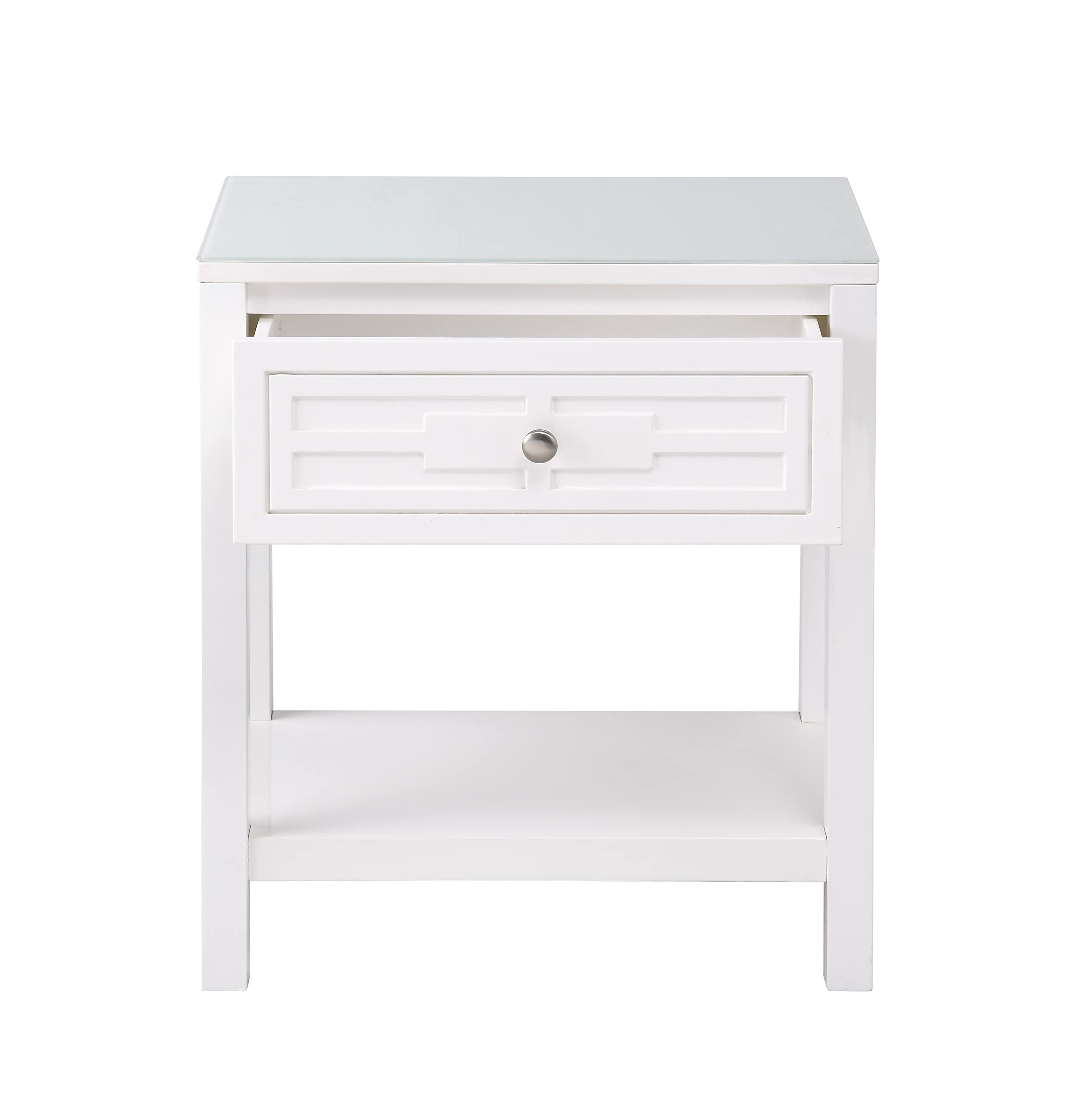 Lilola Home Dylan White Wooden End Side Table Nightstand with Glass Top and Drawer