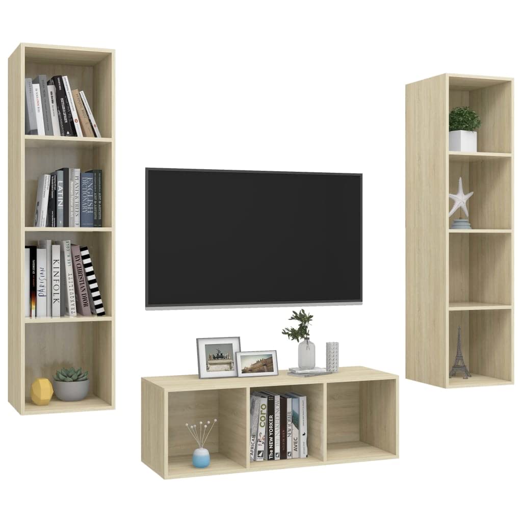 vidaXL 3 Piece Hanging TV Cabinet Set in Sonoma Oak, Modern Engineered Wood TV Stand with Ample Storage, Easy Assembly, Wall-Mounted Design