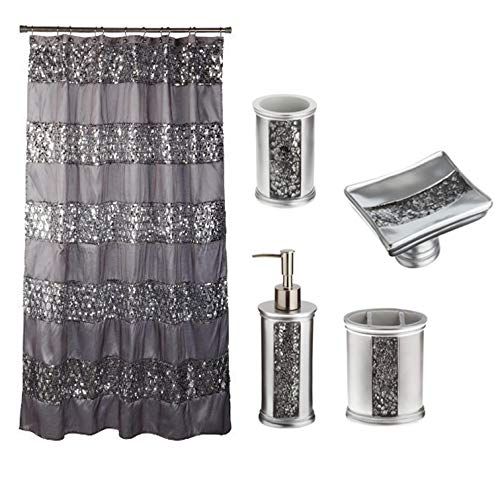 Popular Bath 5 Piece Sinatra Silver Shower Curtain And Resin Bath Accessory Set