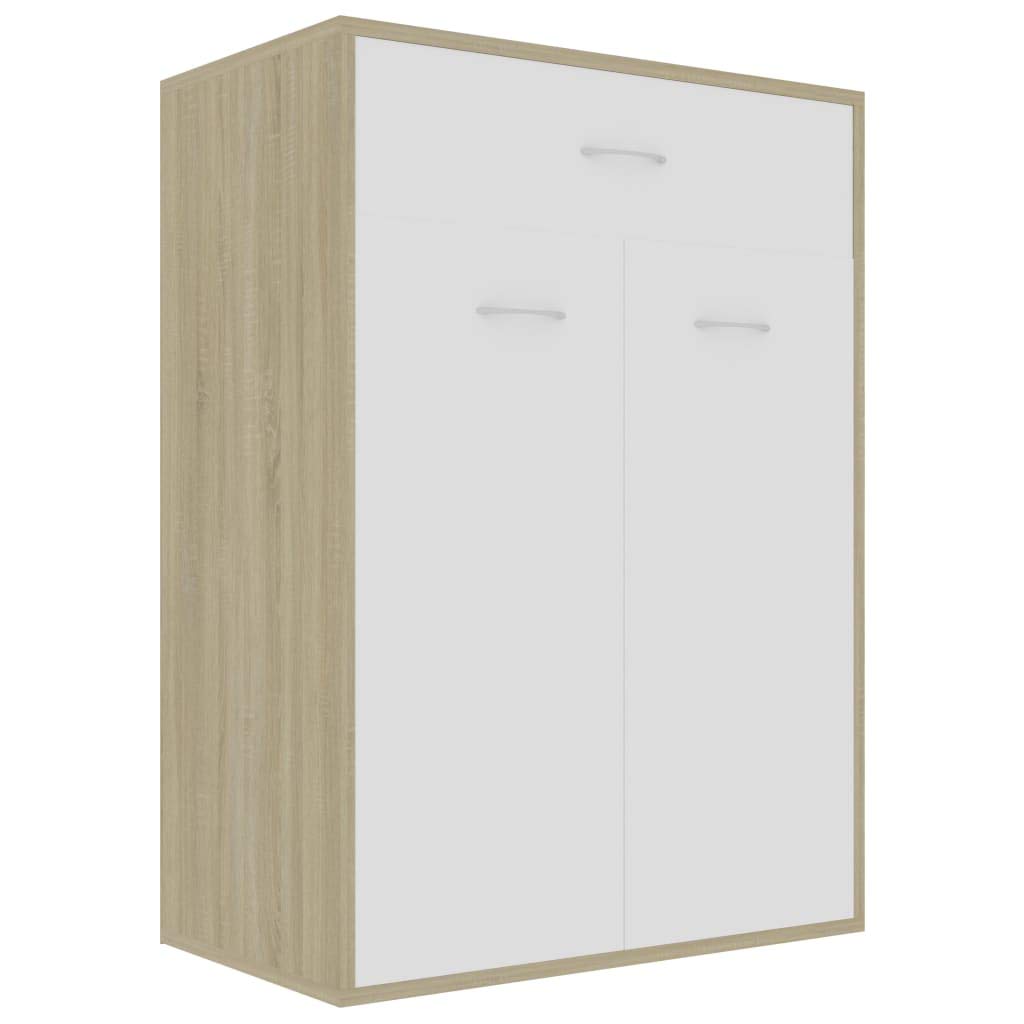 vidaXL Engineered Wood Shoe Cabinet | White and Sonoma Oak Design | with Drawer, Doors and Shelves | Wall Mounting Accessories Included