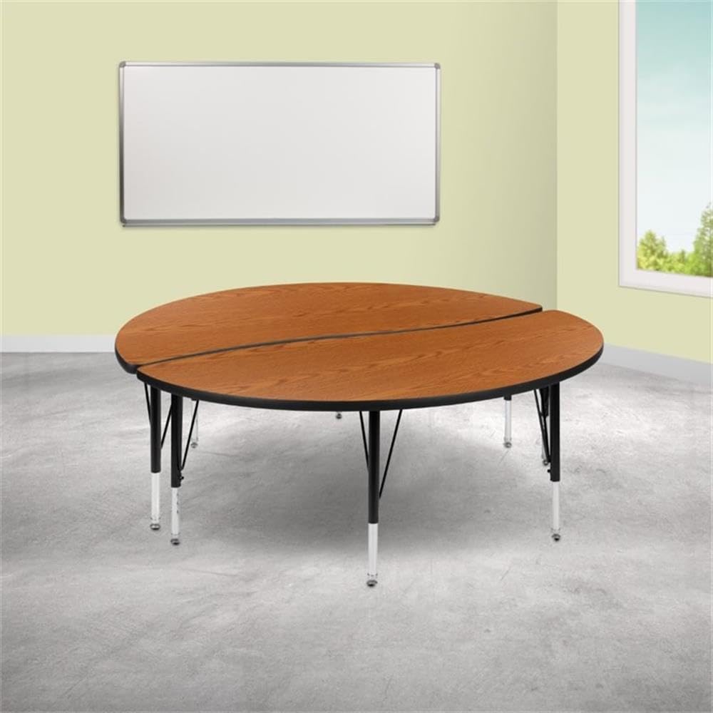 Flash Furniture 2 Piece 60" Circle Wave Collaborative Oak Thermal Laminate Activity Table Set - Height Adjustable Short Legs