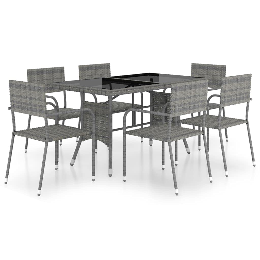 vidaXL 7-Piece Anthracite Grey Poly Rattan Patio Dining Set - Weatherproof Outdoor Furniture for Garden, Patio, Deck, includes Glass Top Table and Six Chairs