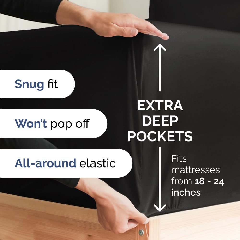 Extra Deep Pocket Cal King Sheets - 4 Piece Breathable & Cooling Bed Sheets - Hotel Luxury Bed Sheet Set - Soft, Wrinkle Free & Comfy - Easily Fits Extra Deep Mattresses - Deep Pocket Black Sheets Set