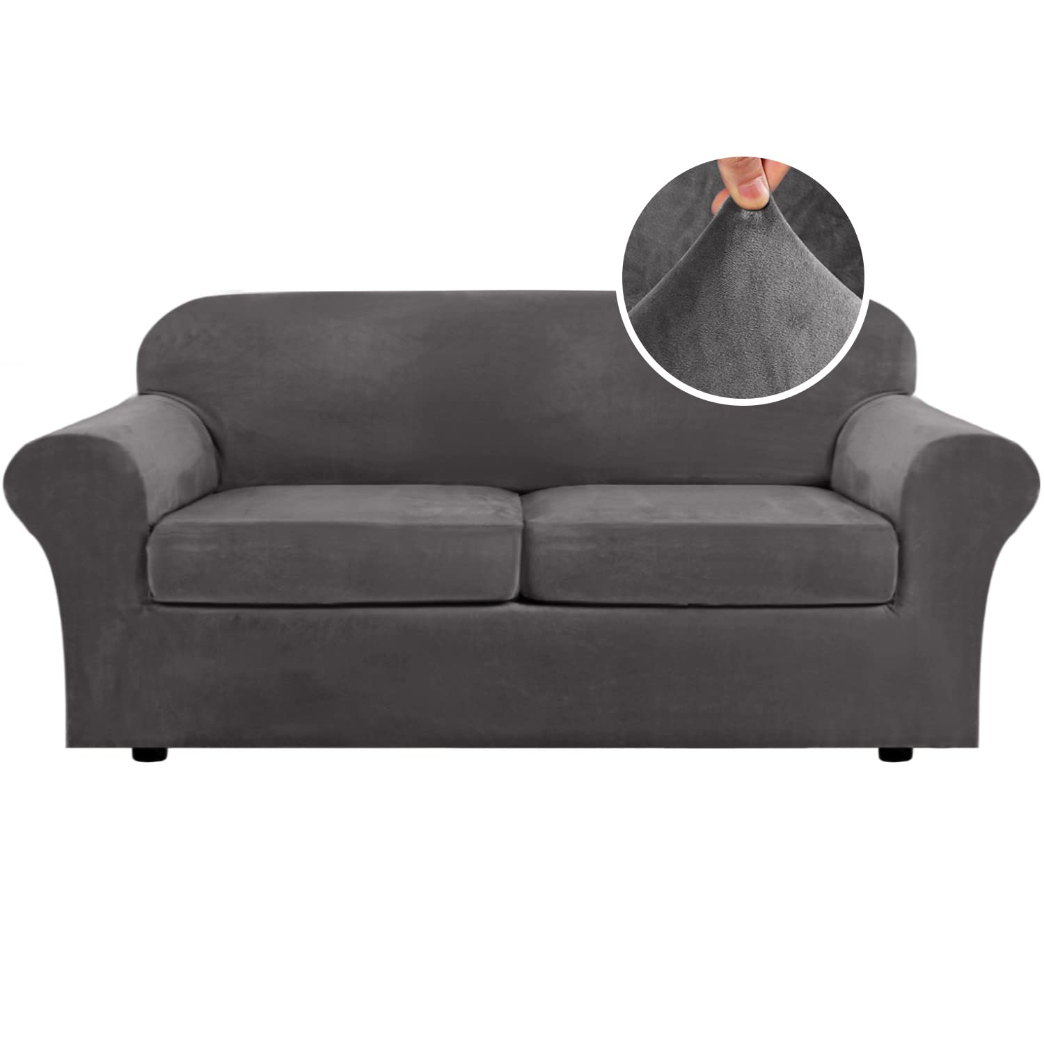 H.VERSAILTEX Real Velvet Plush 3 Piece Stretch Sofa Covers Couch Covers for 2 Cushion Couch Sofa Slipcovers Width Up to 90 Inch 