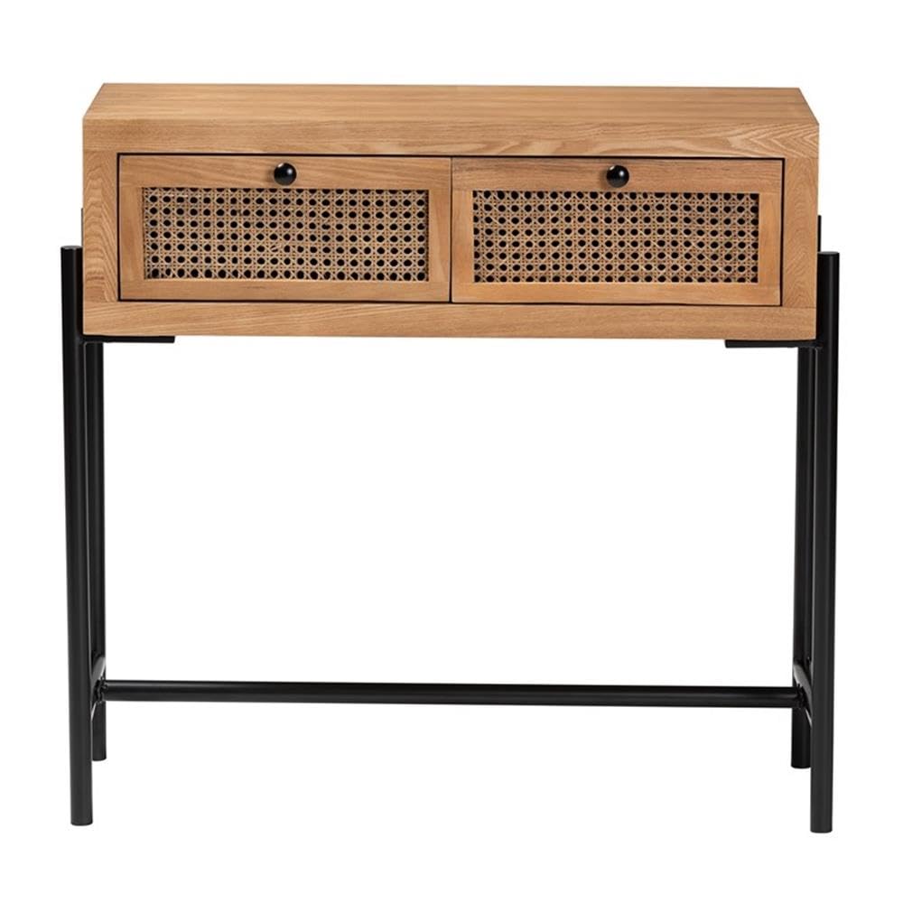 Baxton Studio Santino Natural Brown Wood and Black Metal 2-Drawer Console Table