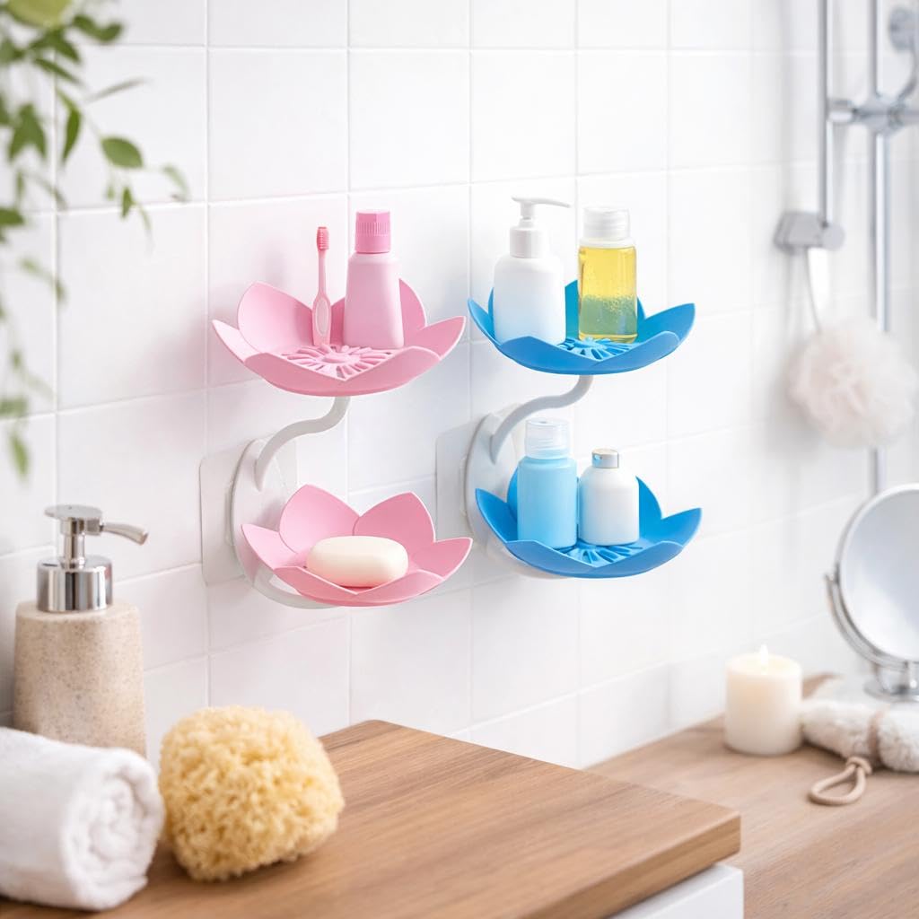 Lotus Flower Shape WallMounted Bathroom Shelf, Pink And Blue, Double Layer Organiser For Soap And Toiletries