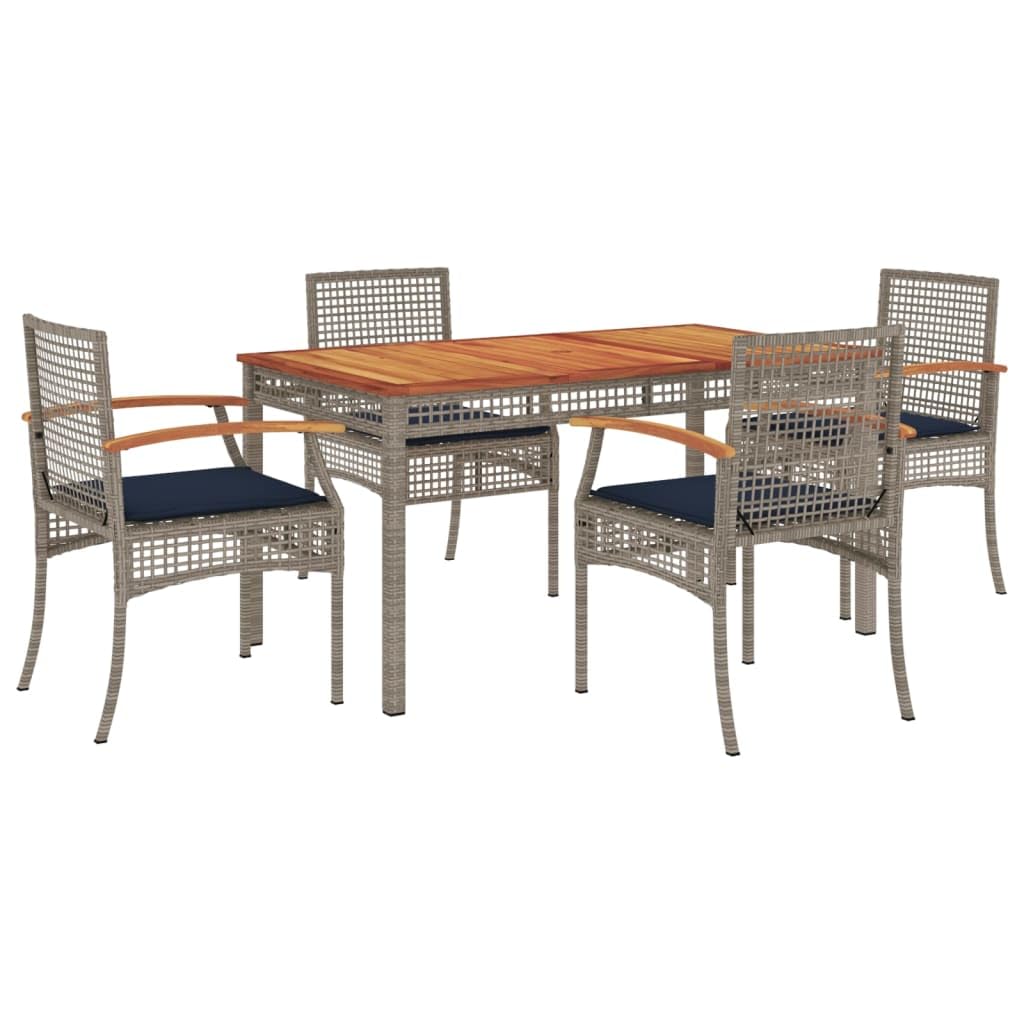 vidaXL Patio Dining Set with Cushions / 5 Piece Outdoor Furniture - Gray Poly Rattan with Acacia Wood Tabletop for Garden, Backyard, Patio - Comfortable Chairs with Navy Blue Cushions