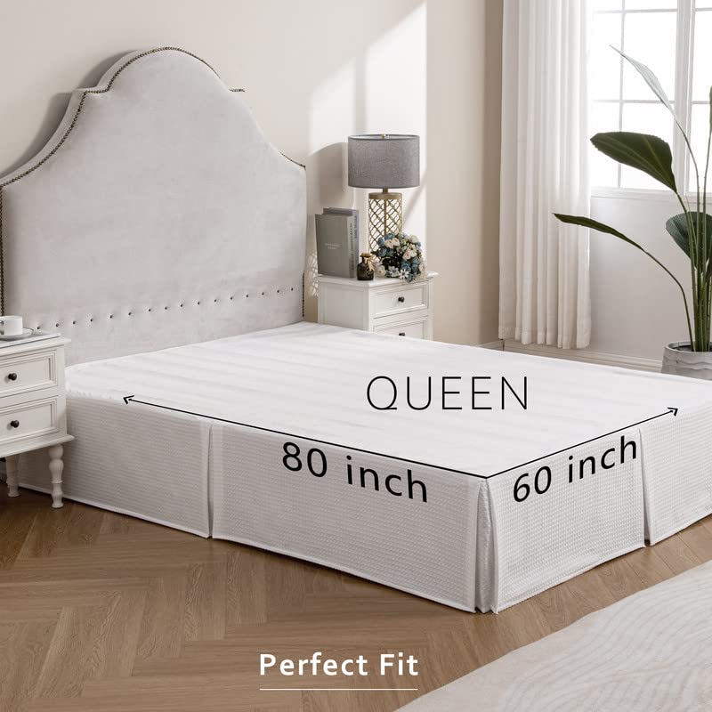 Miye Pleated Waffle Weave Bed Skirt, Tailored Dust Ruffle 16 Inch Drop Easy Fit, Machine Washable (White, Queen - 16'' Drop)