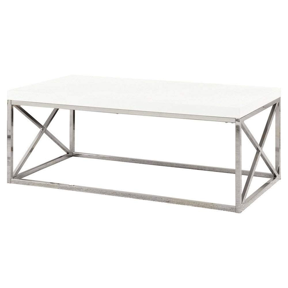 Monarch Specialties Modern Coffee Table for Living Room Center Table with Metal Frame, 44 Inch L, Glossy White / Chrome