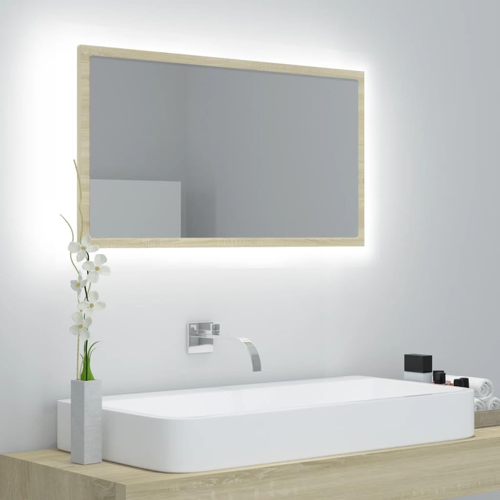 Vidaxl Led Bathroom Mirror, Sonoma Oak Finish, Rgb Adjustable Light, 31.5&quot;X3.3&quot;X14.6&quot;, Acrylic Material, Easy Clean, Versatile Orientation, Modern Design