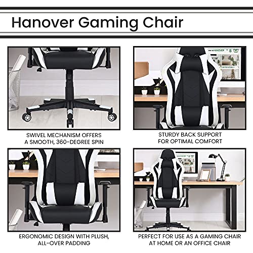 Commando Ergonomic Gaming Chair in Black and White with Adjustable Gas Lift Seating, Lumbar and Neck Support