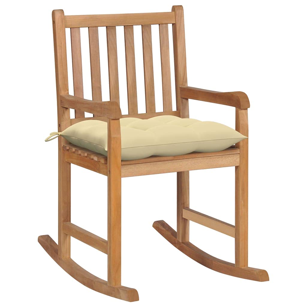 vidaXL Teak Rocking Chair with Cushion - Indoor/Outdoor Furniture - Fine Sanded Finish - Cream White Cushion Included - Comfortable Slatted Back and Seat - Durable Weather-Resistant Hardwood